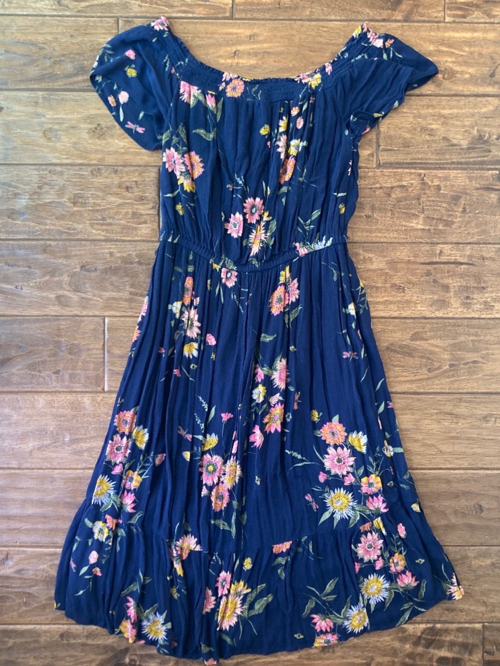 Old Navy Womens Midi Dress Navy Smocked Floral Medium Peasant Flowy Spring